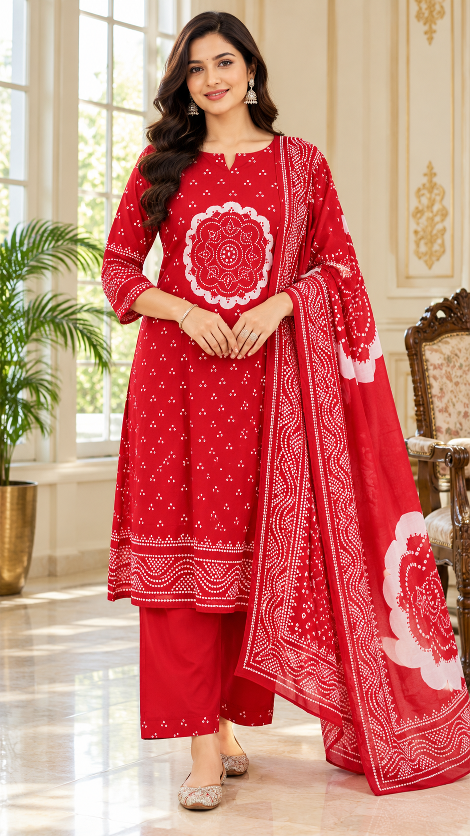 Women Red Printed Cotton Kurta Pant Dupatta