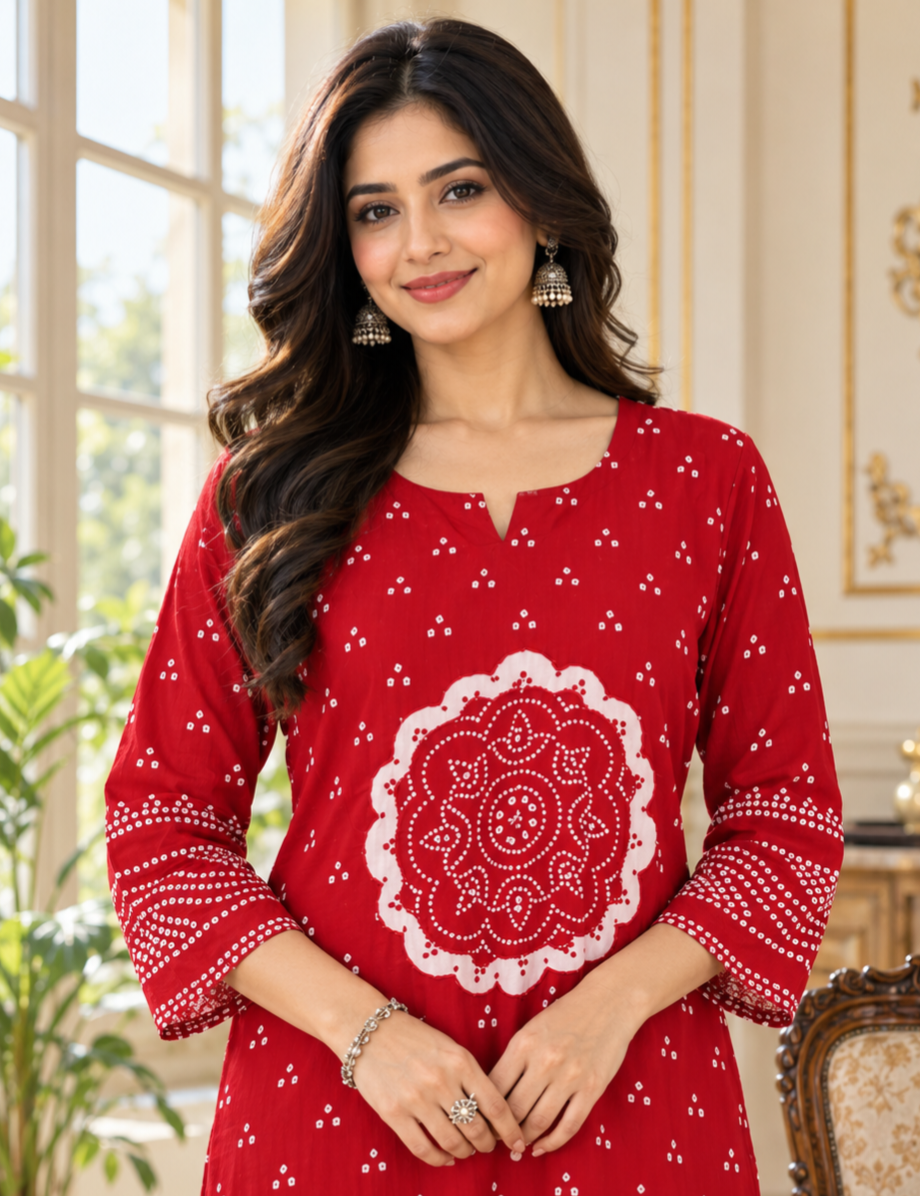 Women Red Printed Cotton Kurta Pant Dupatta