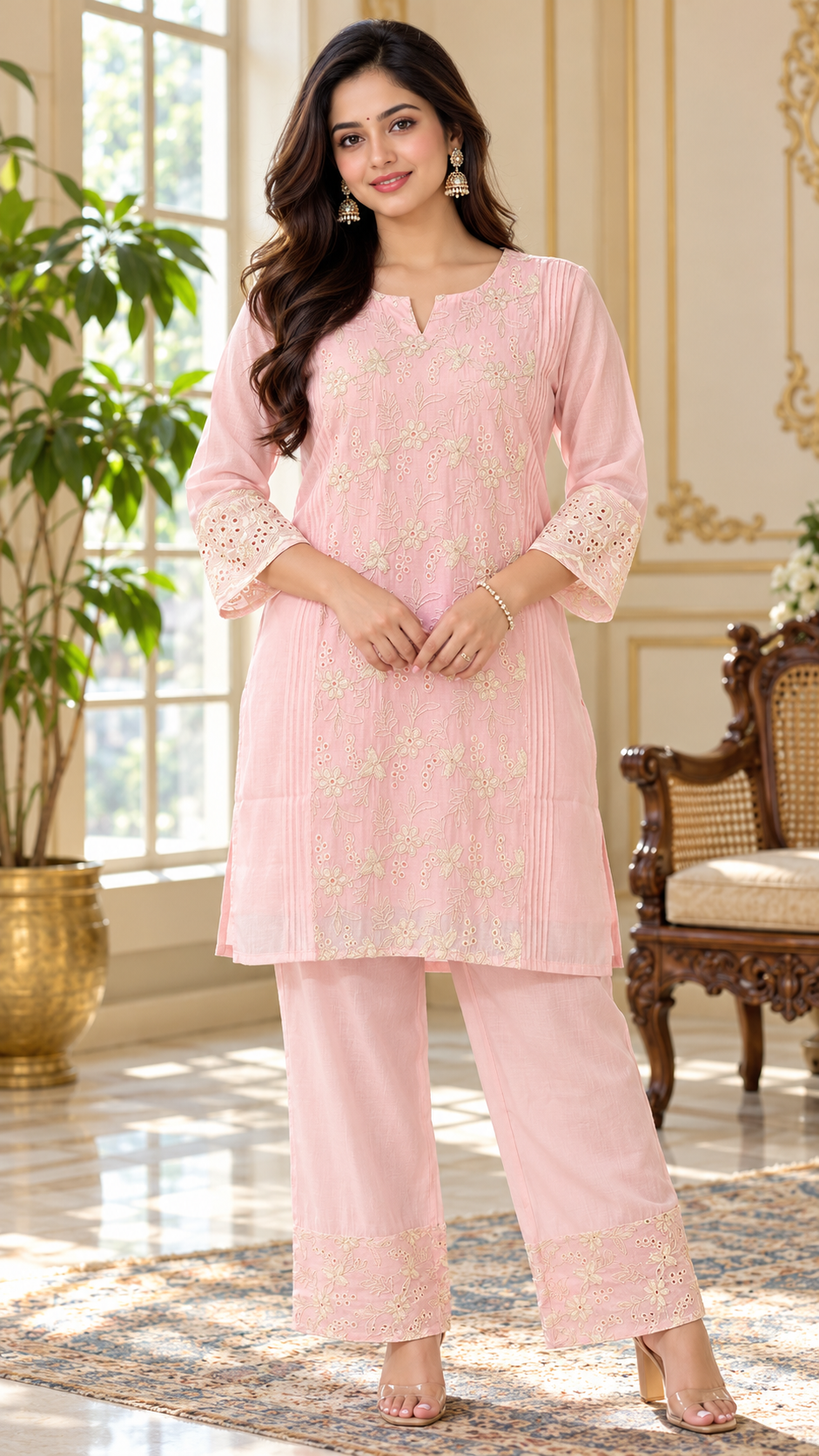 Women Pink Embroidered Cotton Kurta Pant