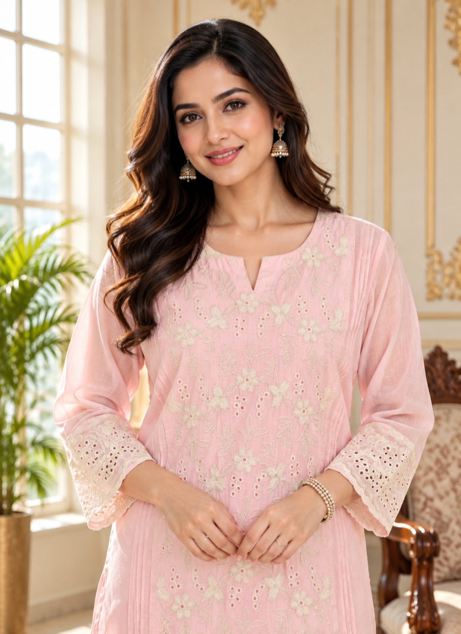 Women Pink Embroidered Cotton Kurta Pant