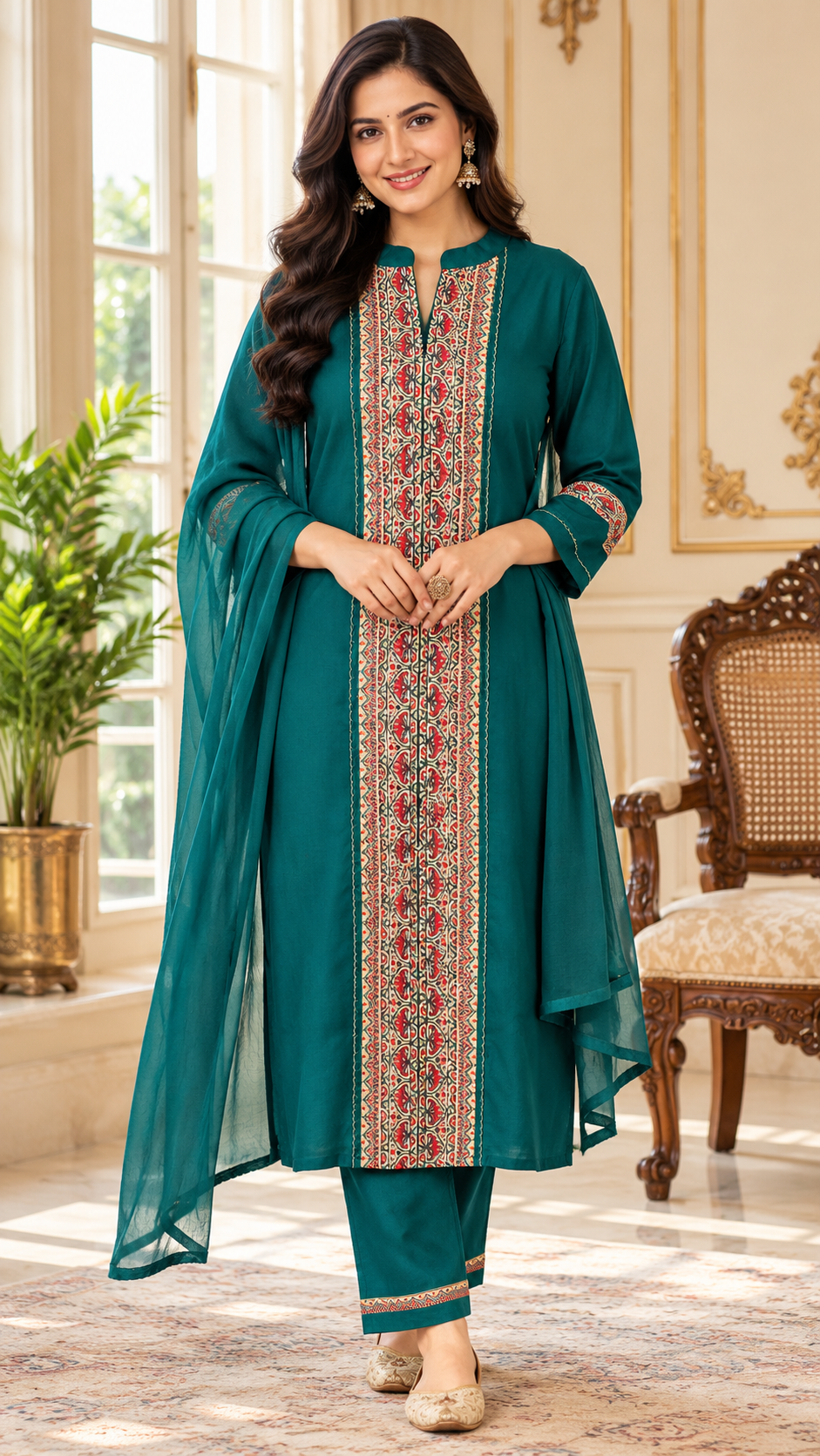 Women Green Embroidered Cotton Kurta Pant Dupatta