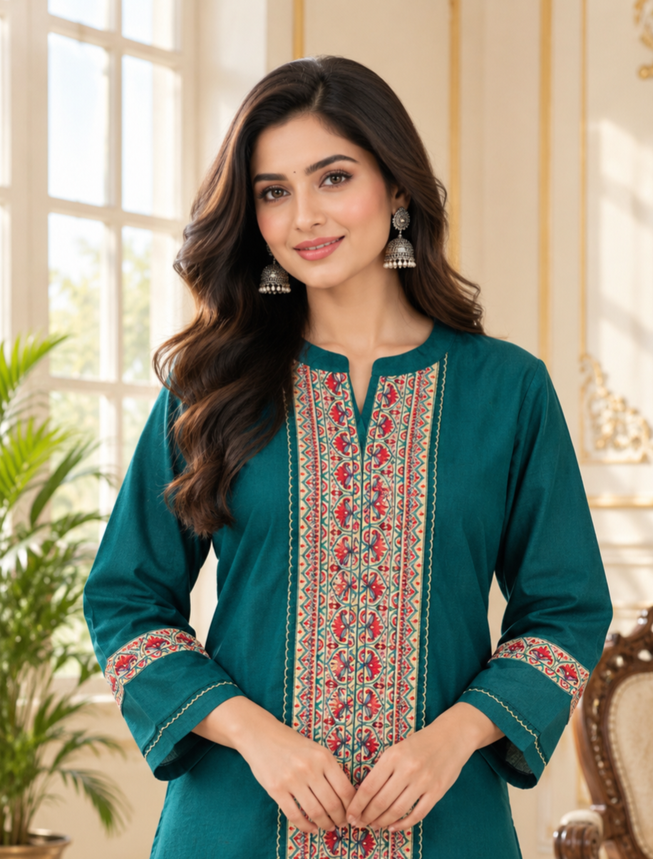 Women Green Embroidered Cotton Kurta Pant Dupatta