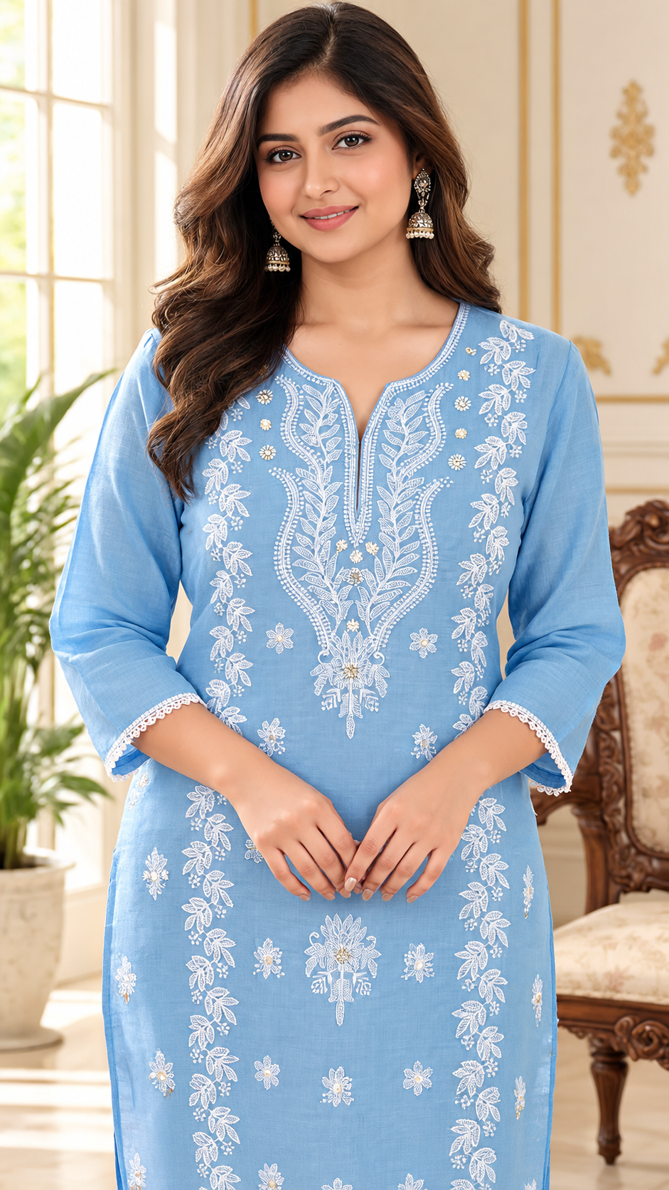 Women Sky Blue Chikankari Cotton Kurta Pant Dupatta