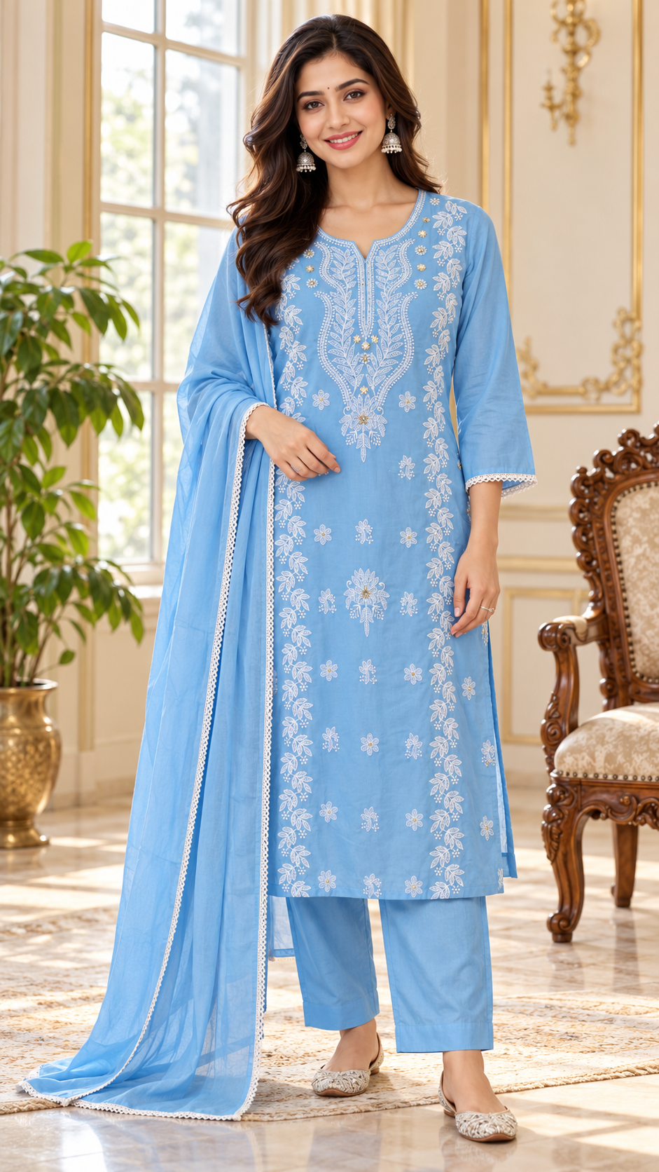 Women Sky Blue Chikankari Cotton Kurta Pant Dupatta