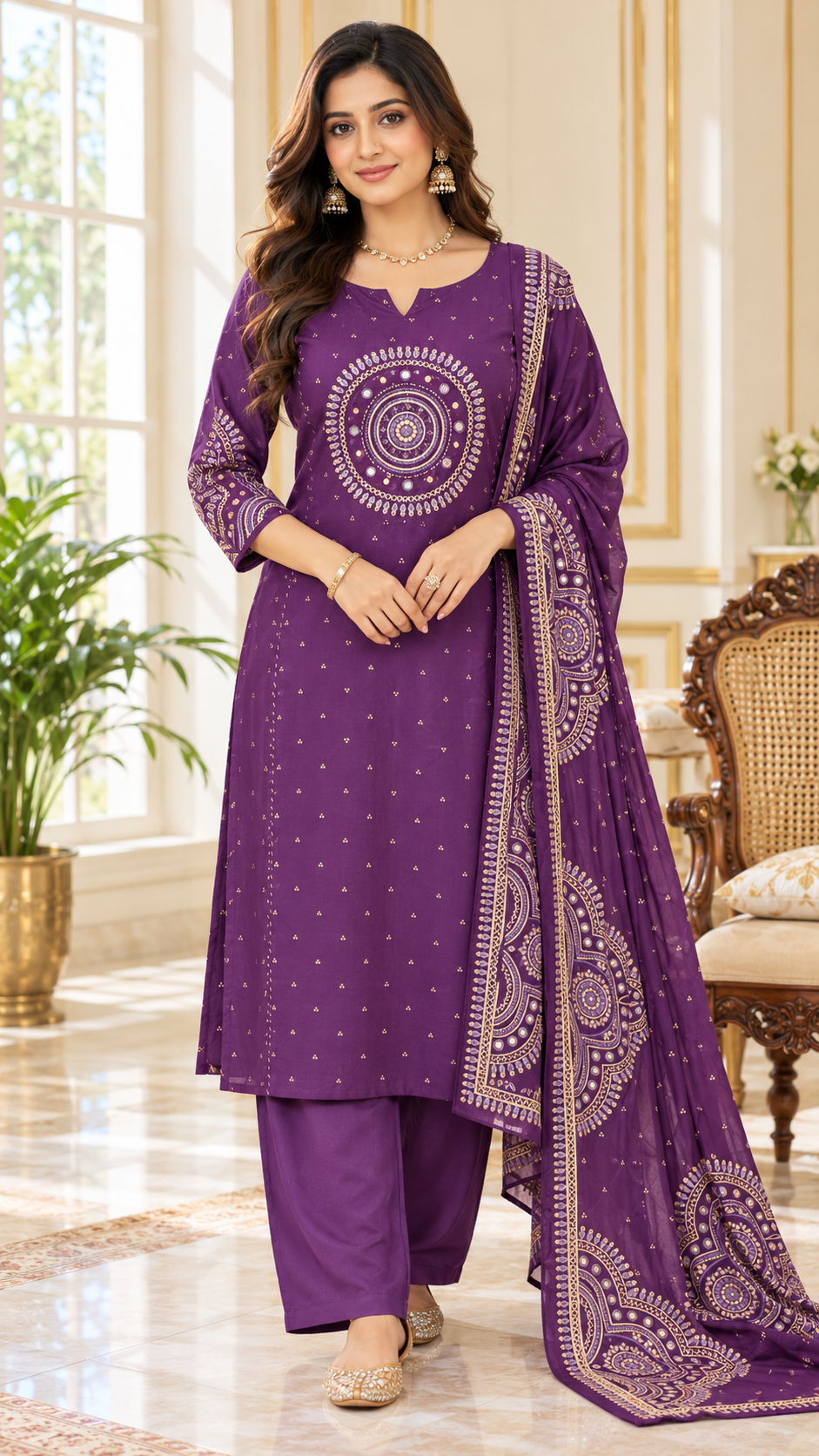 Women Purple Embroidered Cotton Kurta Pant Dupatta