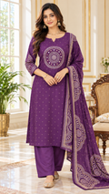 Women Purple Embroidered Cotton Kurta Pant Dupatta
