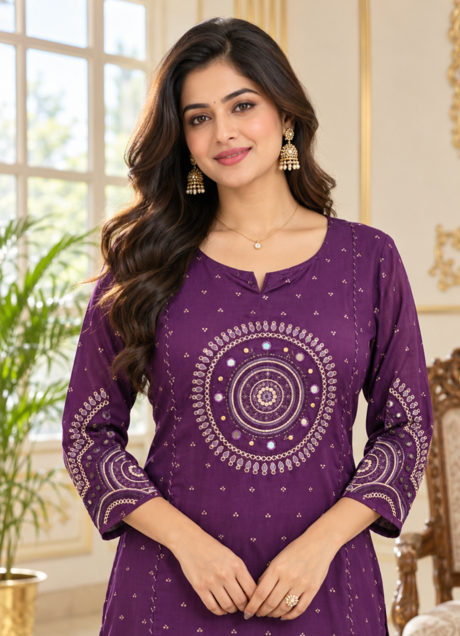 Women Purple Embroidered Cotton Kurta Pant Dupatta