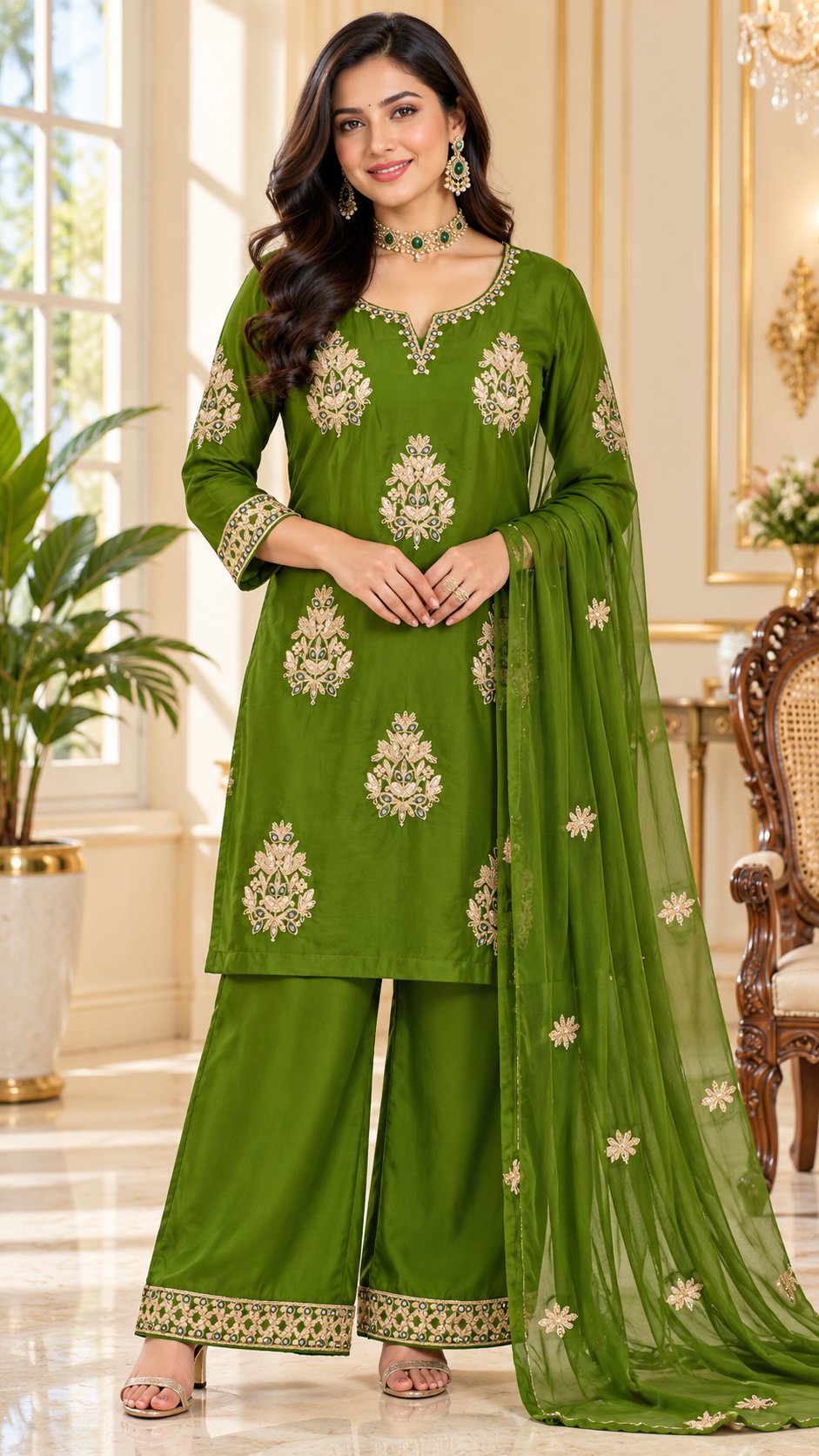 Women Green Zari Other Kurta Pant Dupatta