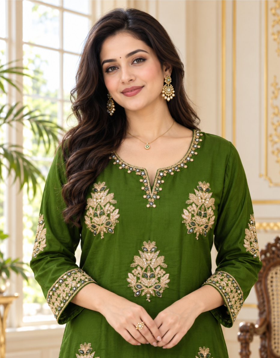 Women Green Zari Other Kurta Pant Dupatta