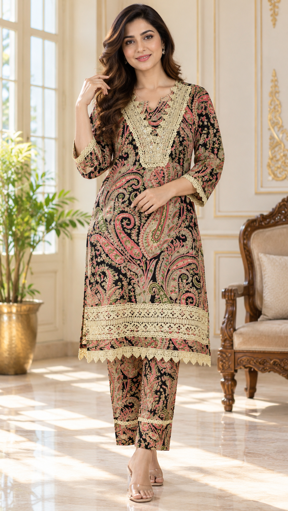 Women Black Printed Cotton Kurta Pant