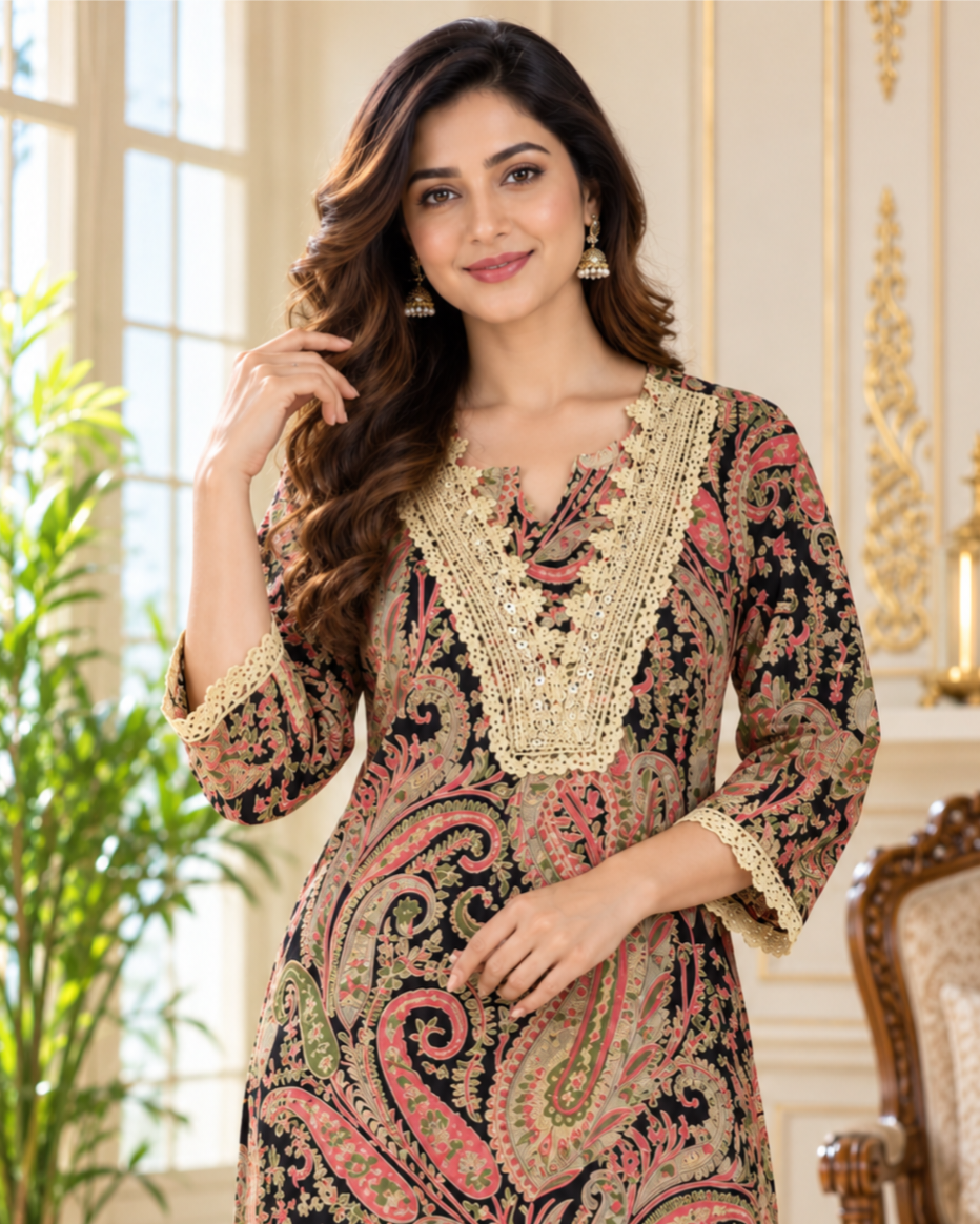 Women Black Printed Cotton Kurta Pant