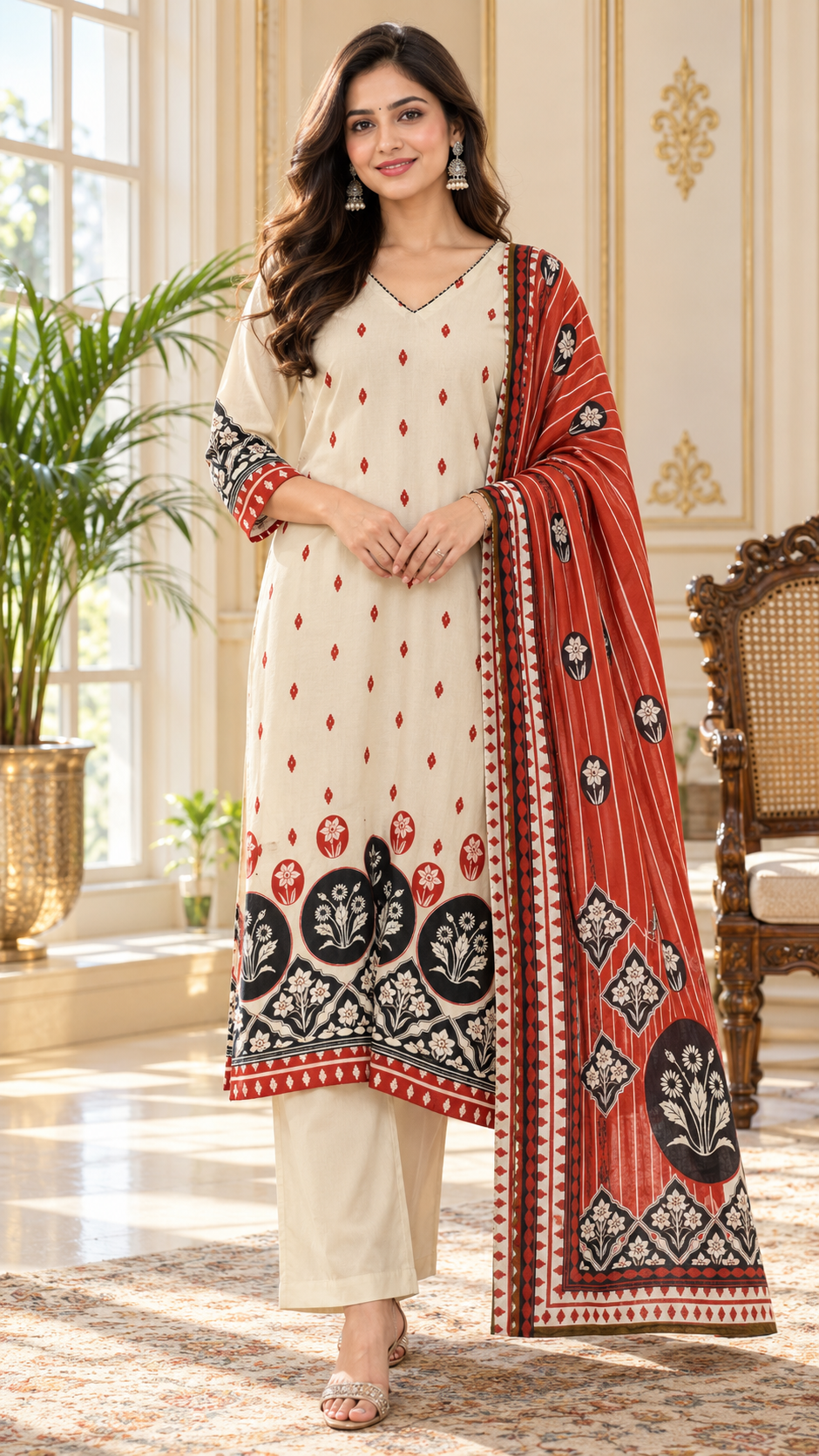 Women Beige Printed Cotton Kurta Pant Dupatta