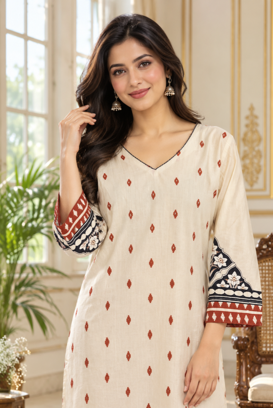 Women Beige Printed Cotton Kurta Pant Dupatta