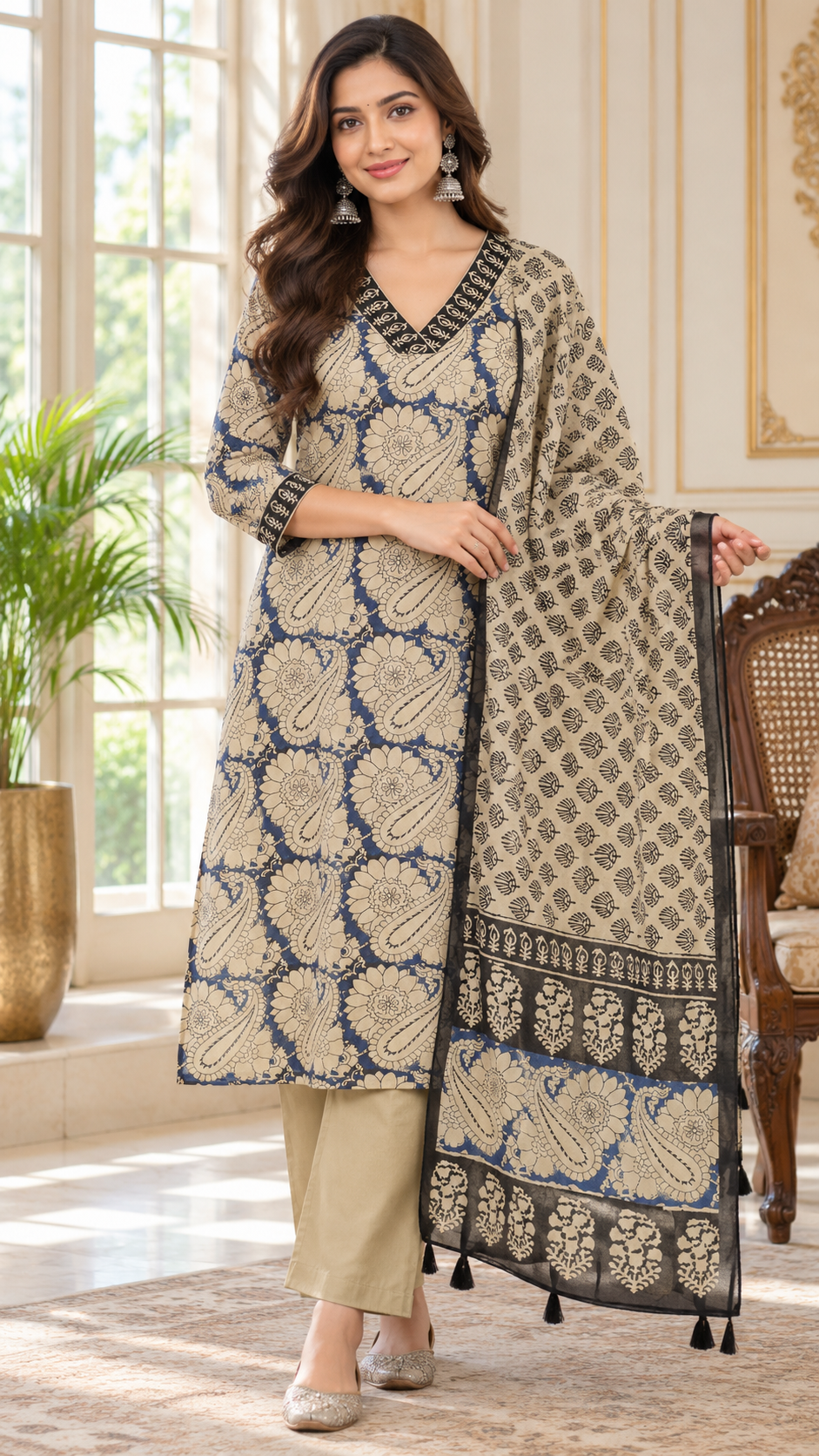 Women Beige Printed Cotton Kurta Pant Dupatta