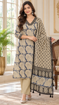 Women Beige Printed Cotton Kurta Pant Dupatta