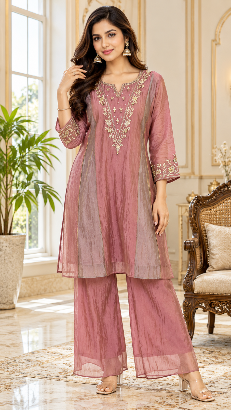 Women Dusty Rose Gold Embroidered Tissue Cordset