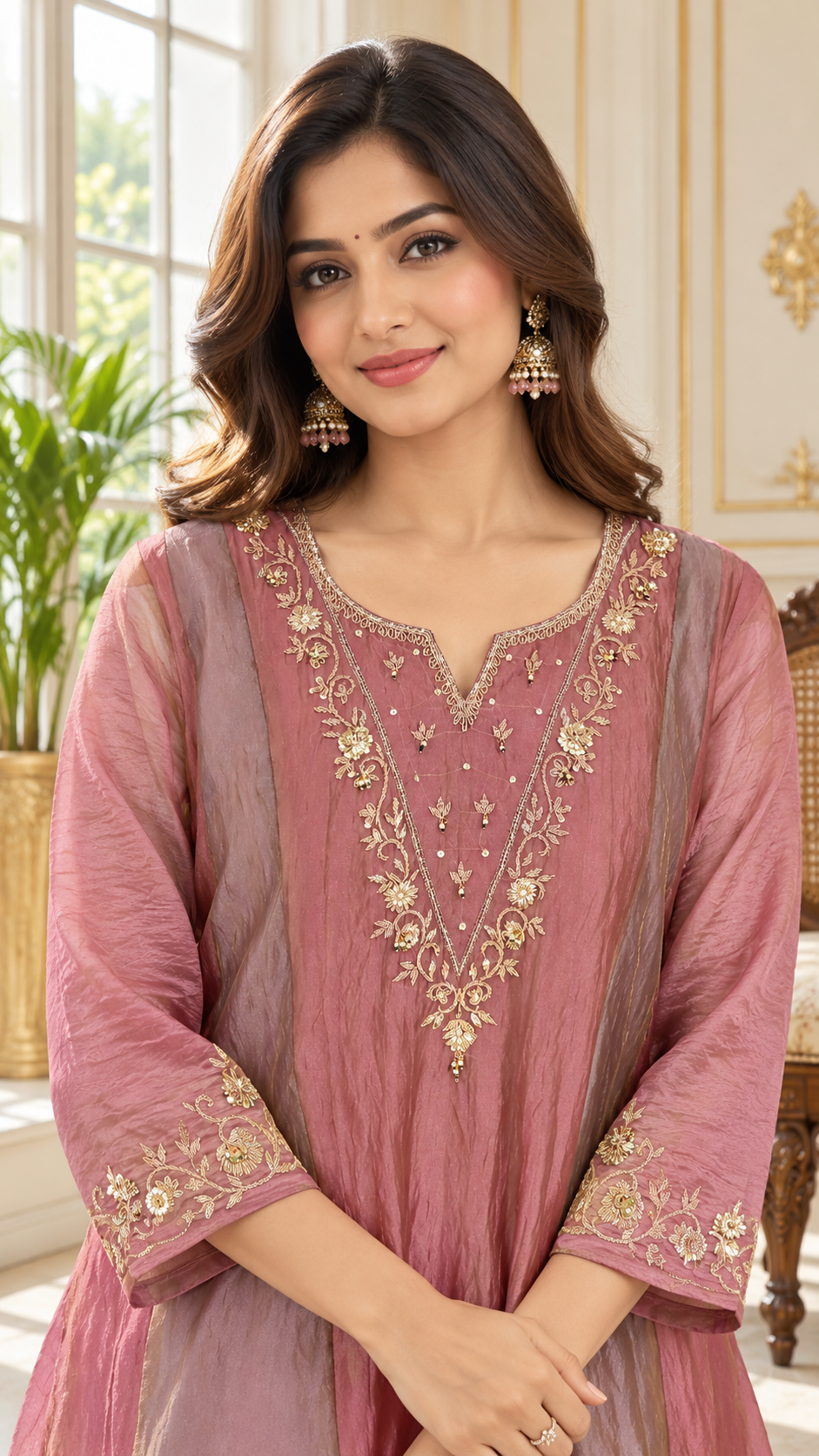 Women Dusty Rose Gold Embroidered Tissue Cordset