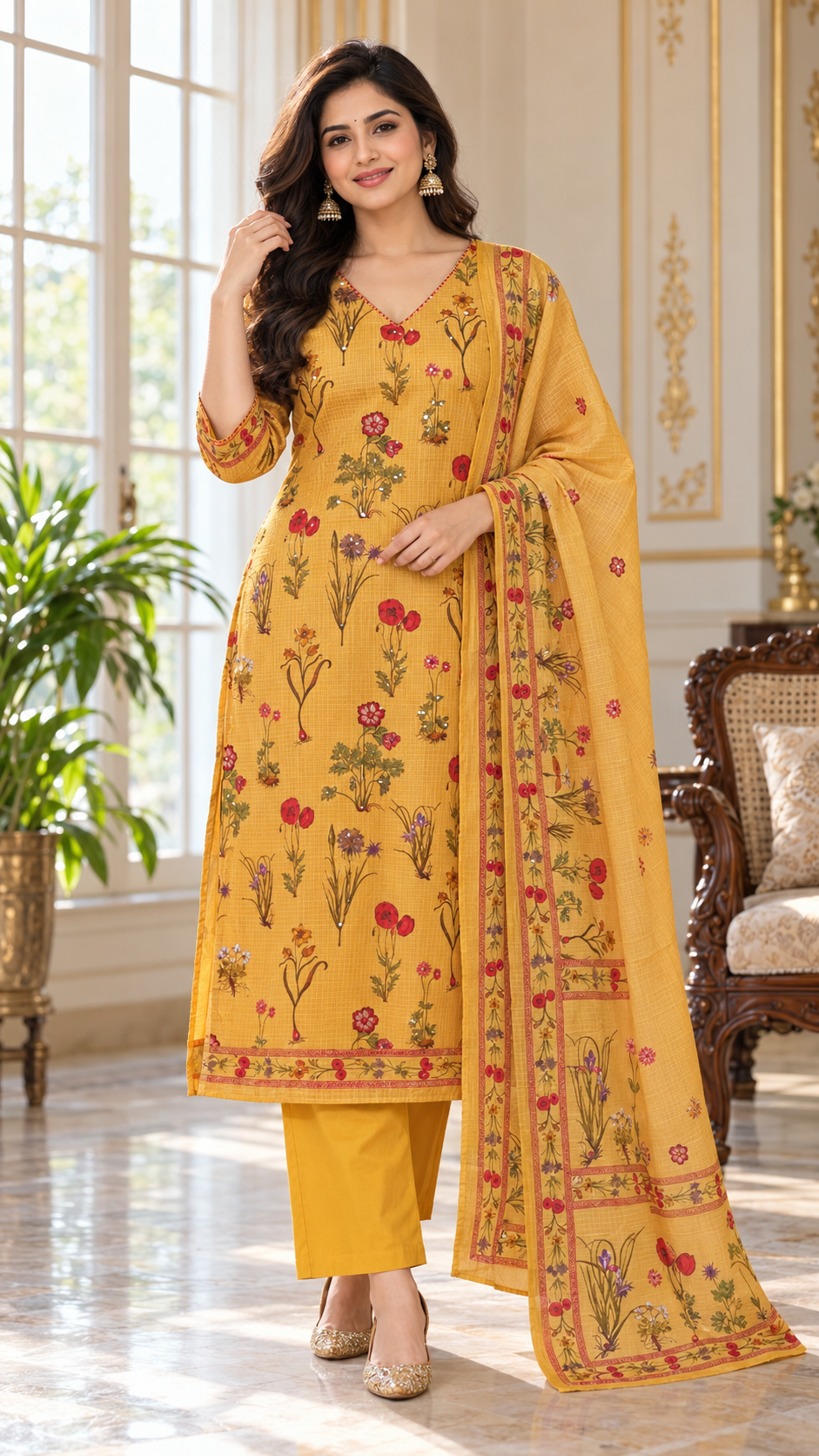 Women Mustard Yellow Embroidered Cotton Kurta Pant Dupatta
