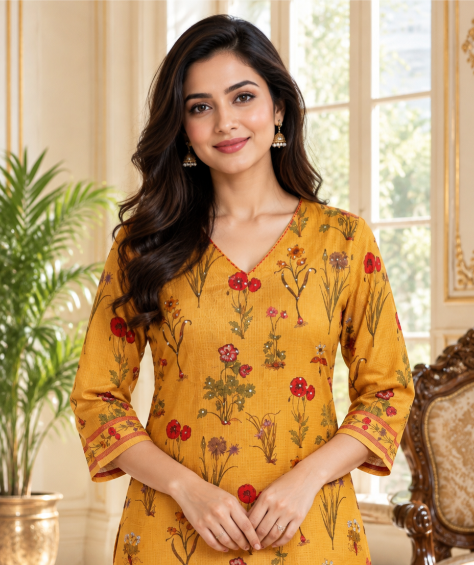 Women Mustard Yellow Embroidered Cotton Kurta Pant Dupatta