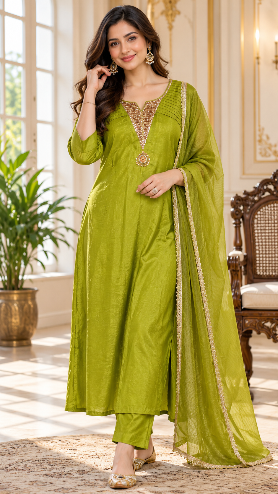 Women Light Green Embroidered Tissue Kurta Pant Dupatta