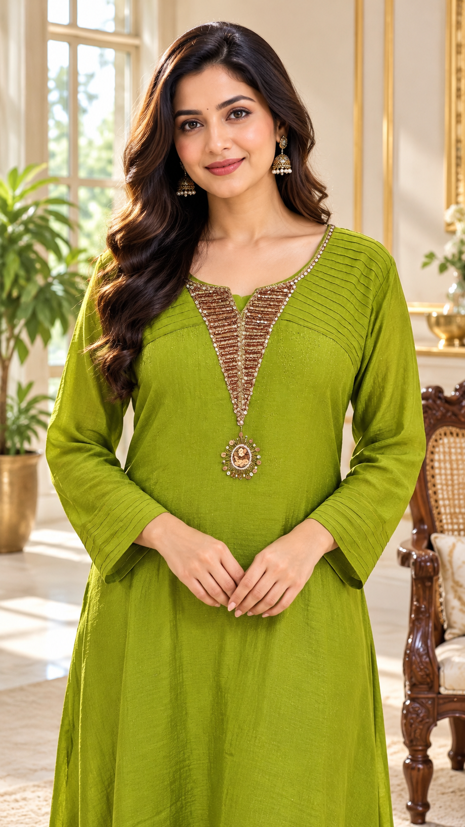 Women Light Green Embroidered Tissue Kurta Pant Dupatta