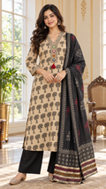 Women Beige Mirror Cotton Kurta Pant Dupatta