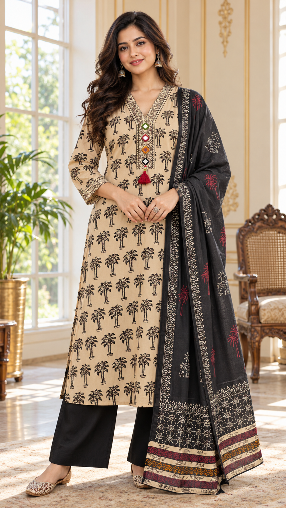 Women Beige Mirror Cotton Kurta Pant Dupatta