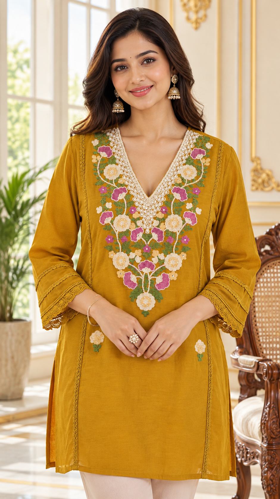 Women Yellow Embroidered Cotton Kurta Pant Dupatta