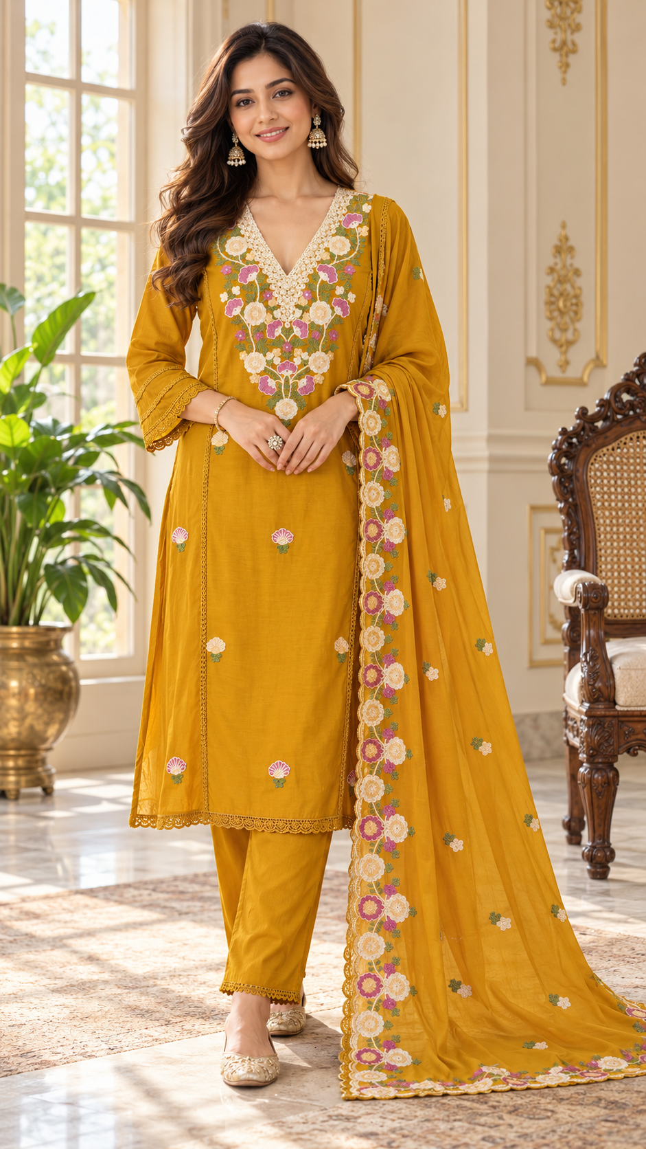 Women Yellow Embroidered Cotton Kurta Pant Dupatta