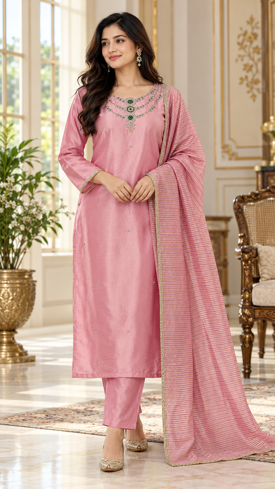 Women Pink Embroidered Tissue Kurta Pant Dupatta