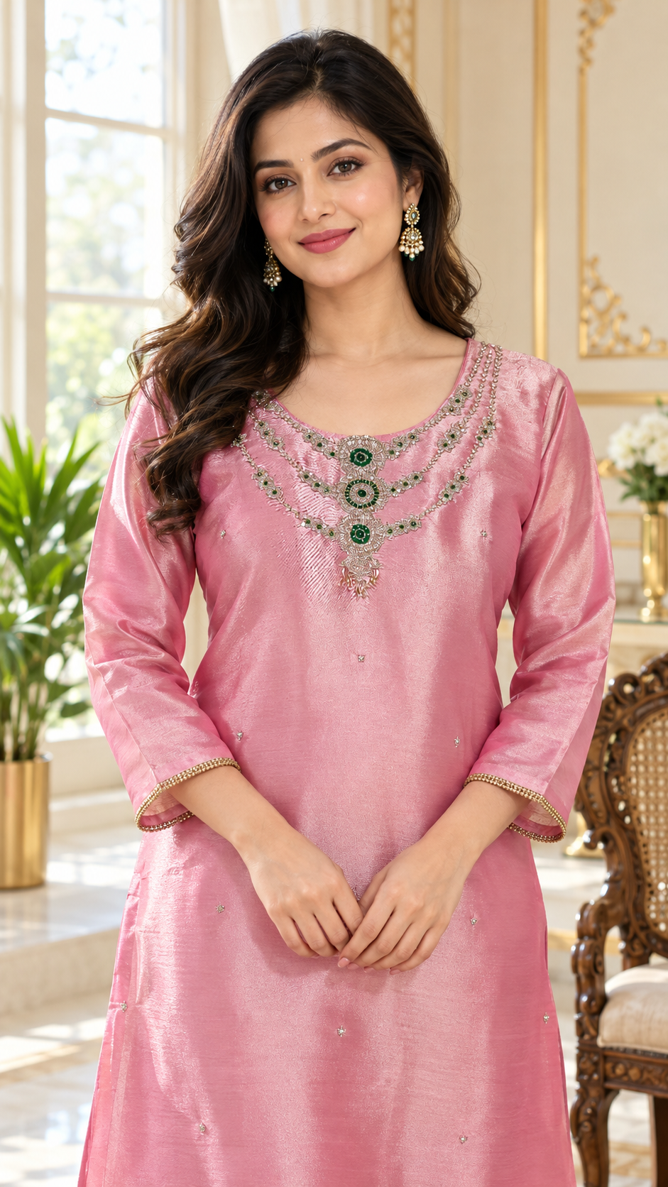 Women Pink Embroidered Tissue Kurta Pant Dupatta