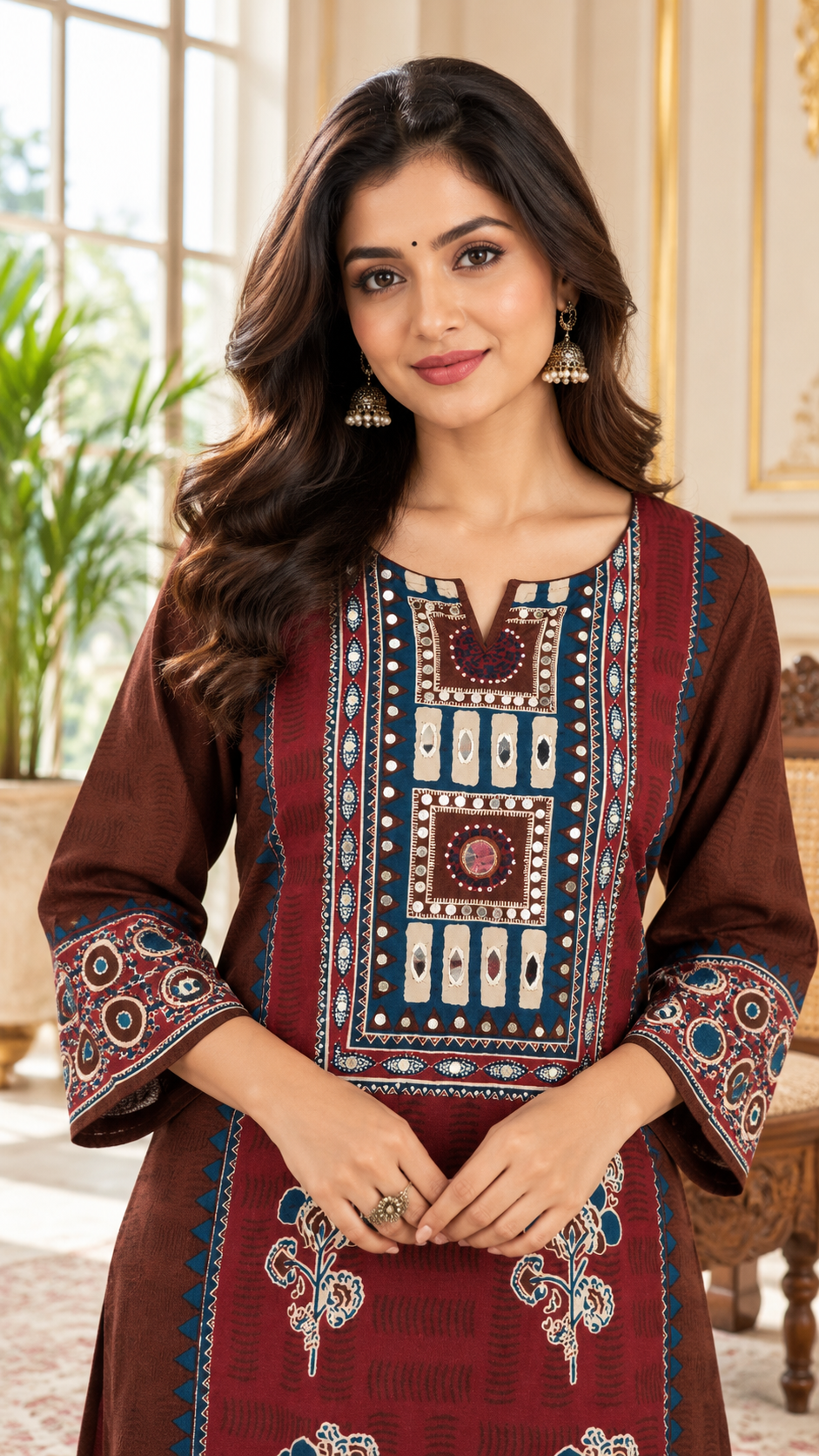 Women Maroon Mirror Cotton Kurta Pant Dupatta