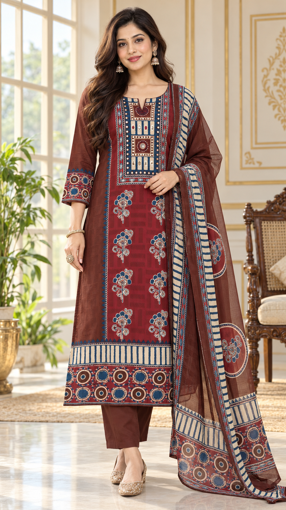 Women Maroon Mirror Cotton Kurta Pant Dupatta