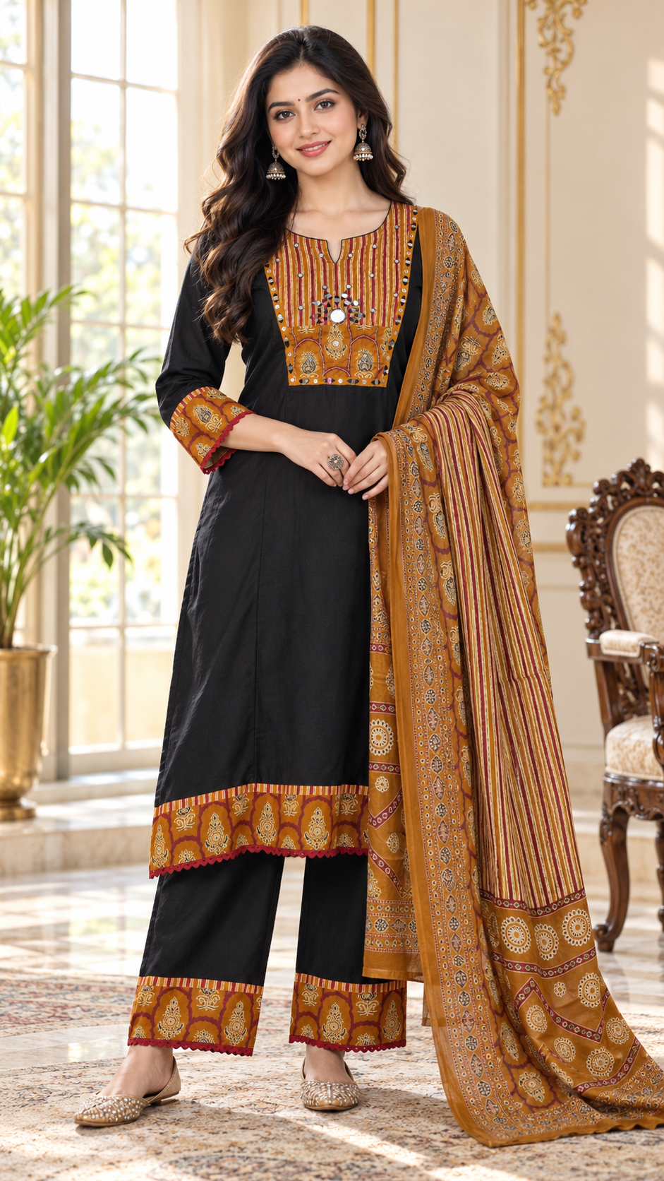 Women Brown Mirror Cotton Kurta Pant Dupatta
