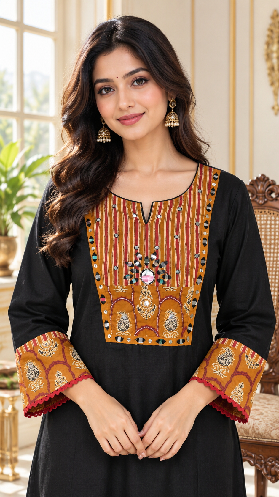 Women Brown Mirror Cotton Kurta Pant Dupatta