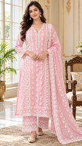Women Pink Chikankari Mul Cotton Kurta Pant Dupatta