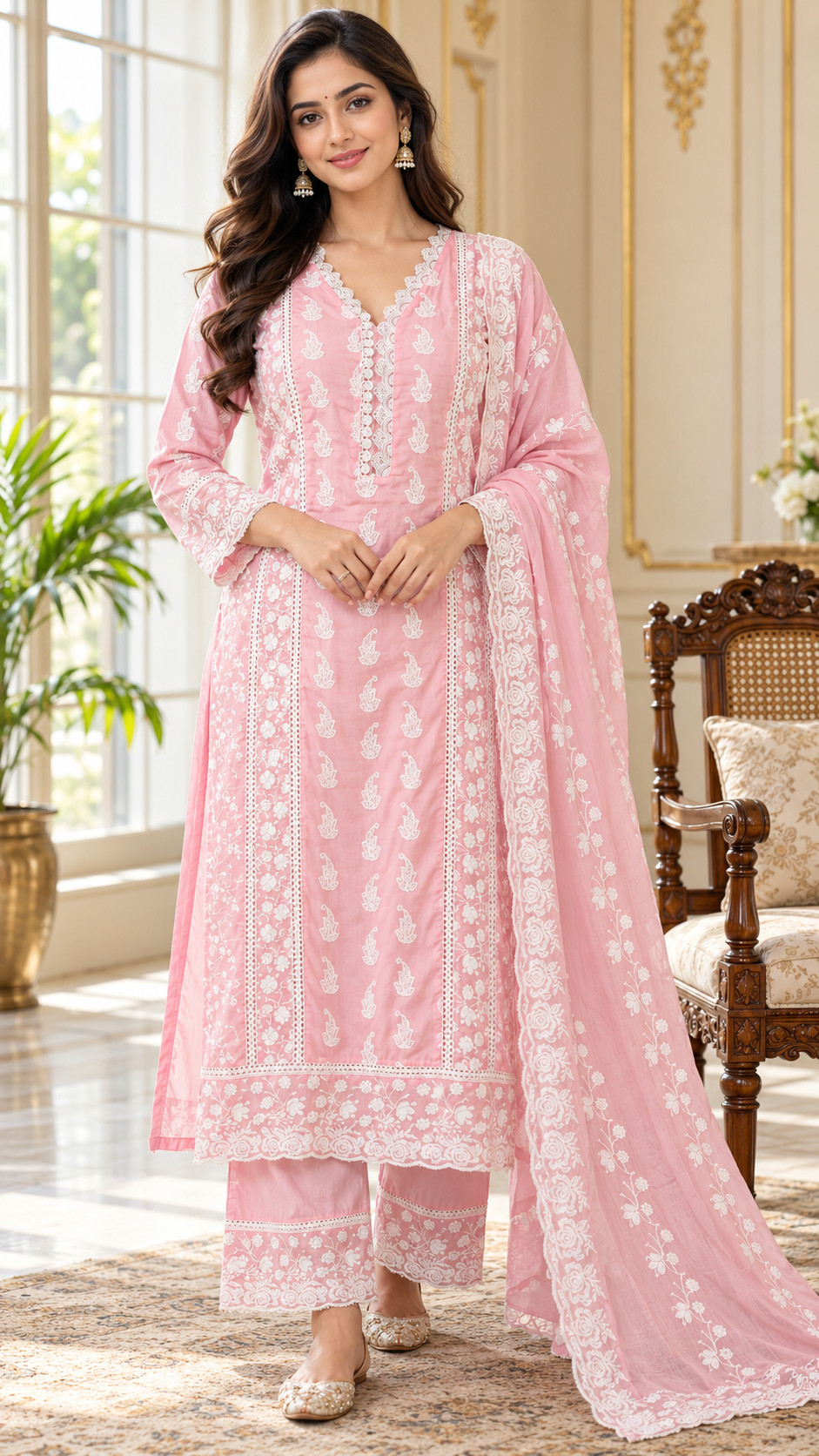 Women Pink Chikankari Mul Cotton Kurta Pant Dupatta