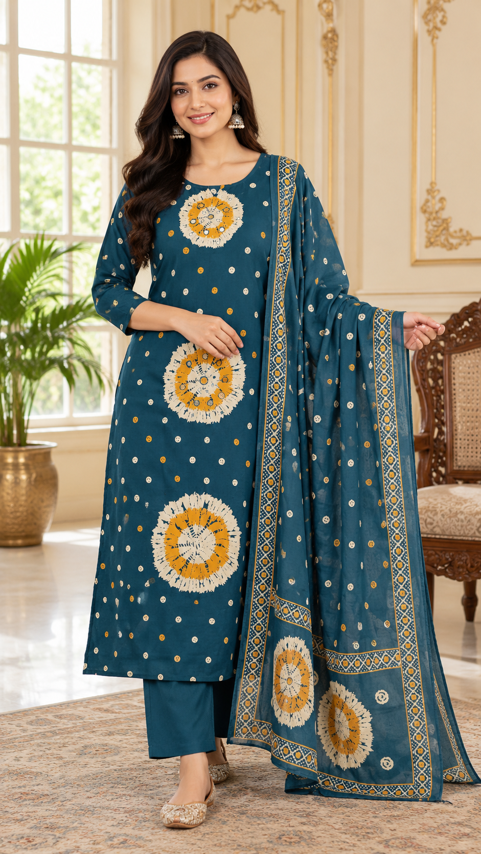 Women Teal Blue Embroidered Cotton Kurta Pant Dupatta