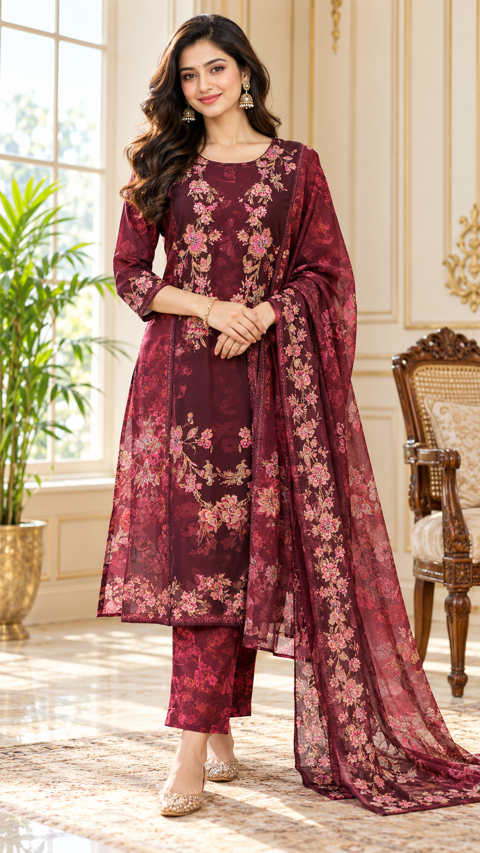 Women Purple Printed Cotton Kurta Pant Dupatta