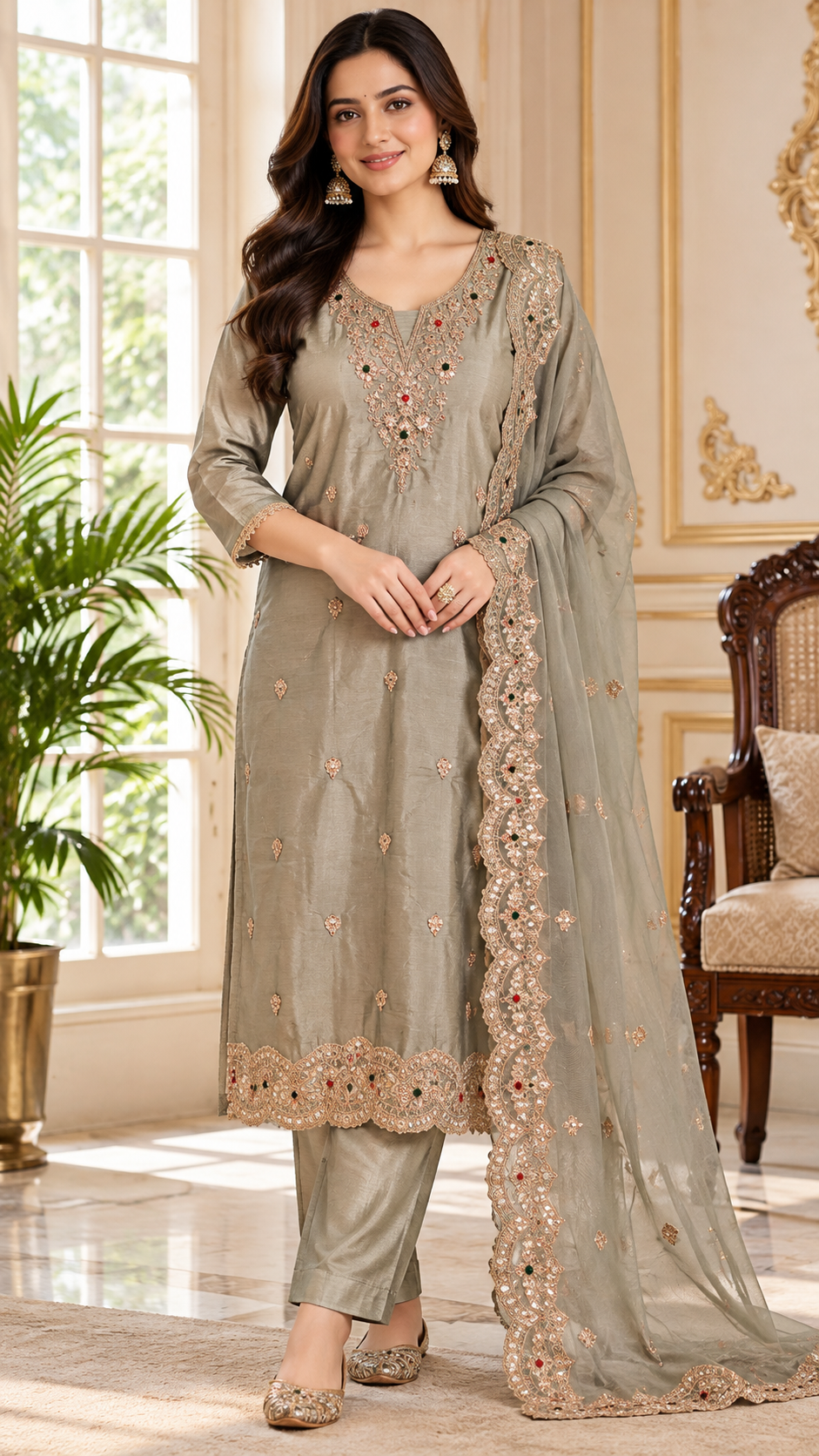 Women Gray Embroidered Other Kurta Pant Dupatta