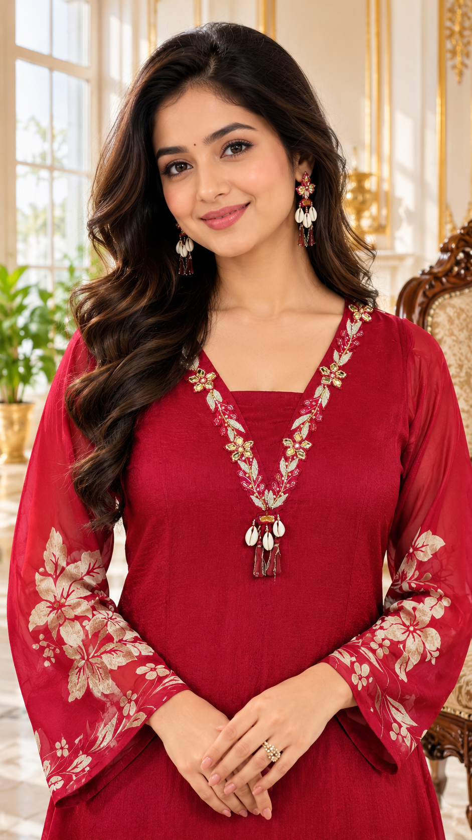 Women Maroon Embroidered Chinnon Kurta Pant And Dupatta Set
