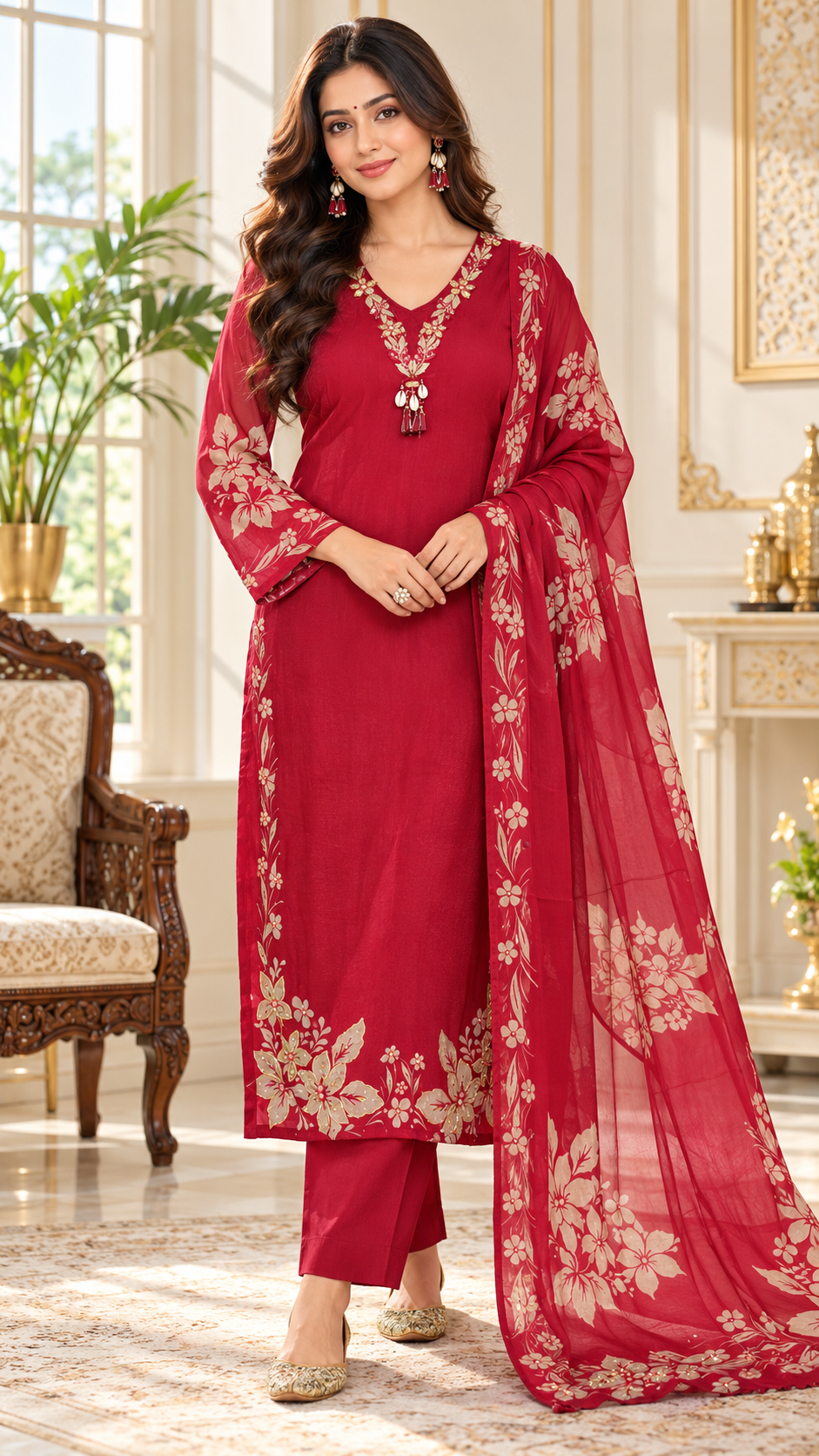 Women Maroon Embroidered Chinnon Kurta Pant And Dupatta Set