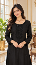 Women Black Embroidered Chinnon Kurta Pant And Dupatta