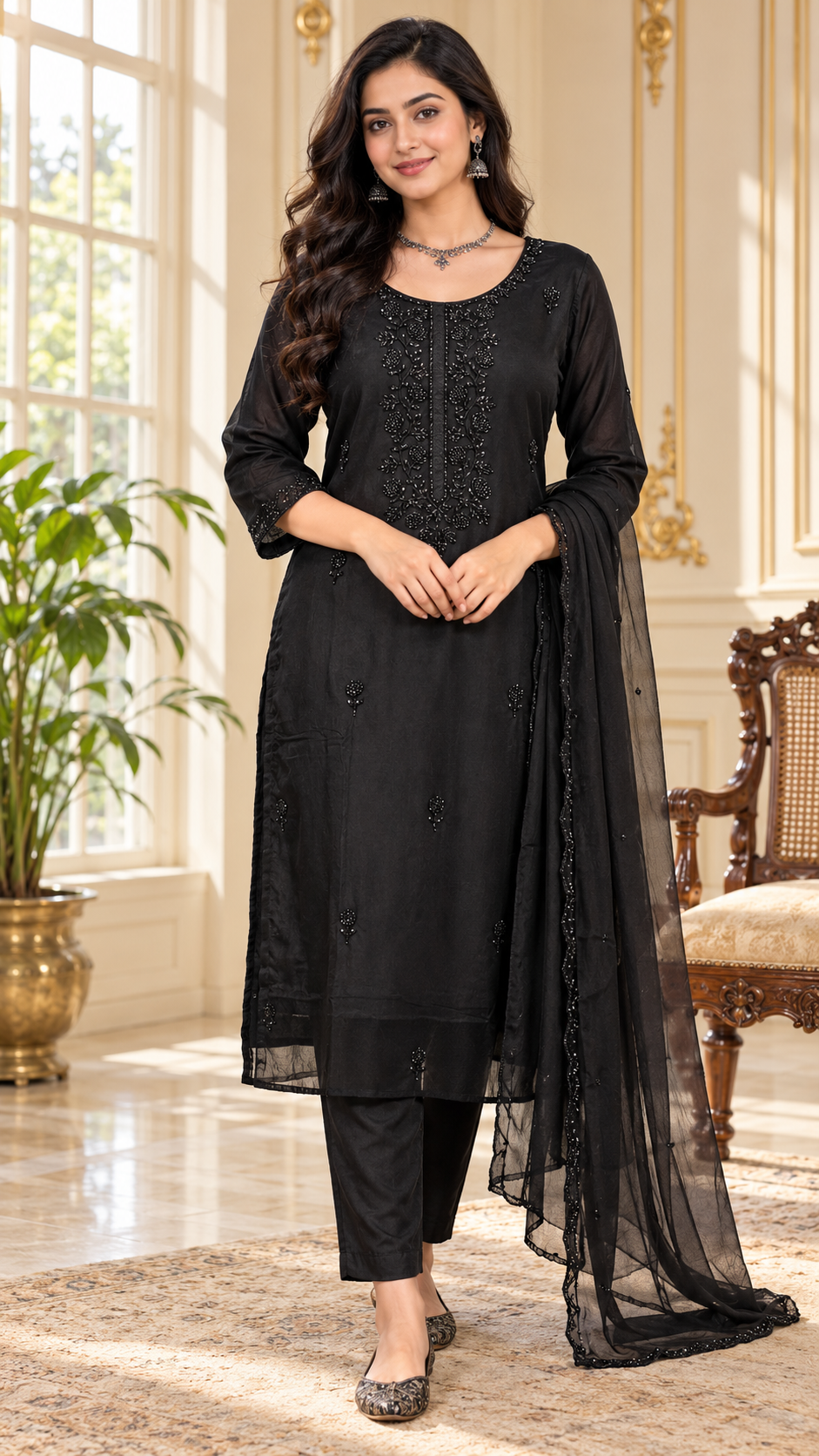 Women Black Embroidered Chinnon Kurta Pant And Dupatta