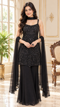 Women Black Embroidered Chinnon Crop Top And Sharara Set