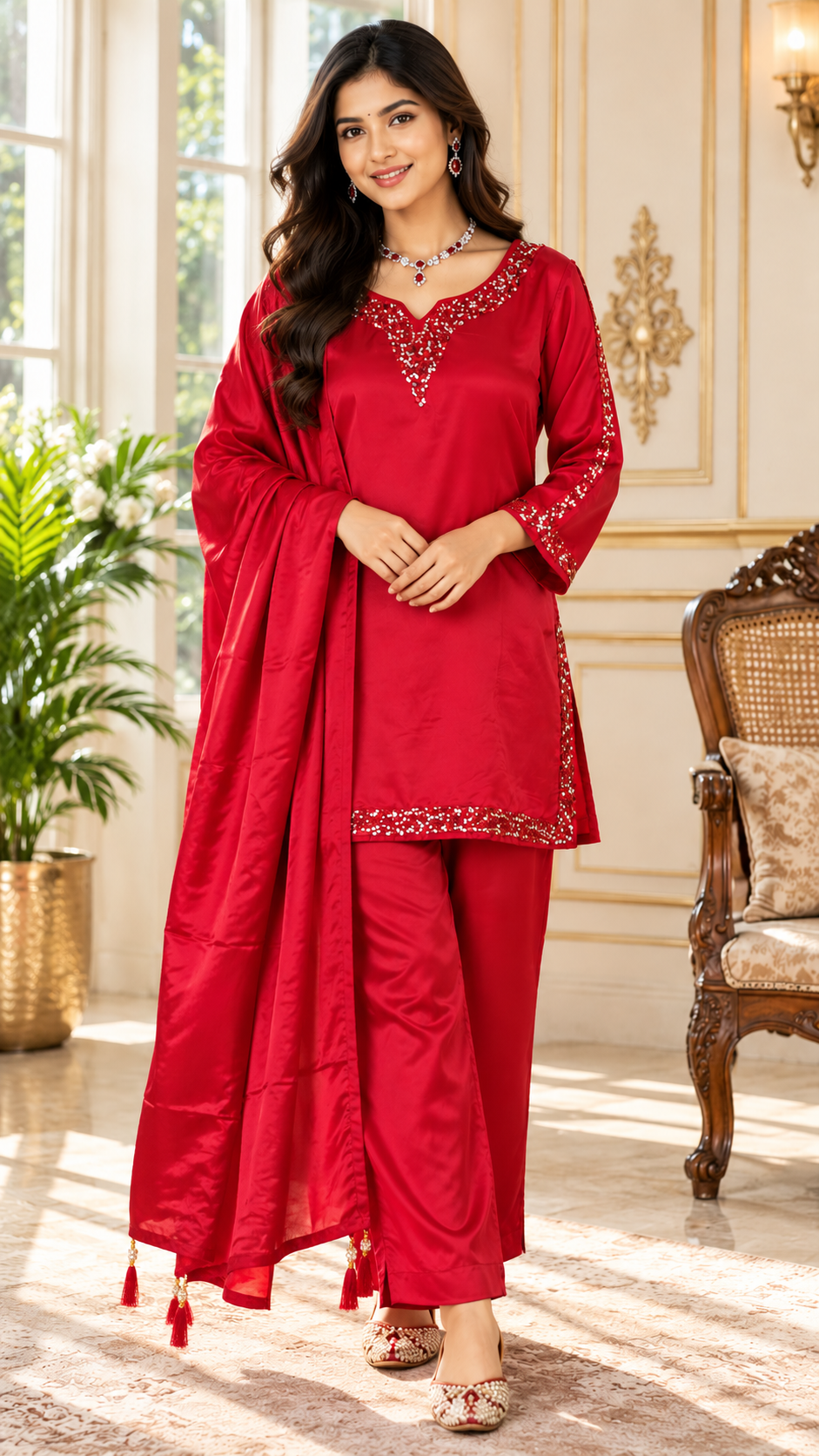 Women Red Embroidered Crepe Silk Sharara Set