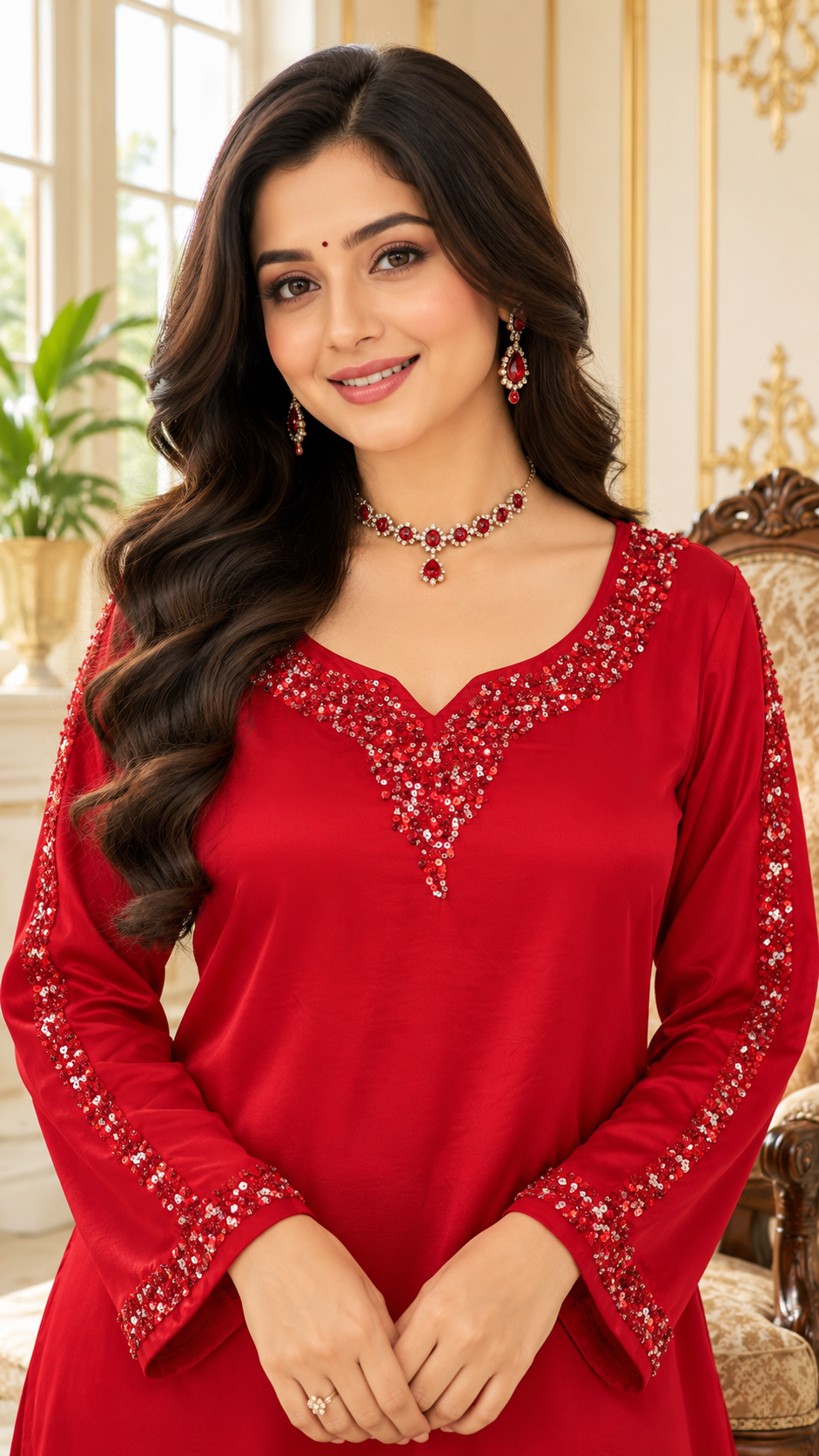 Women Red Embroidered Crepe Silk Sharara Set