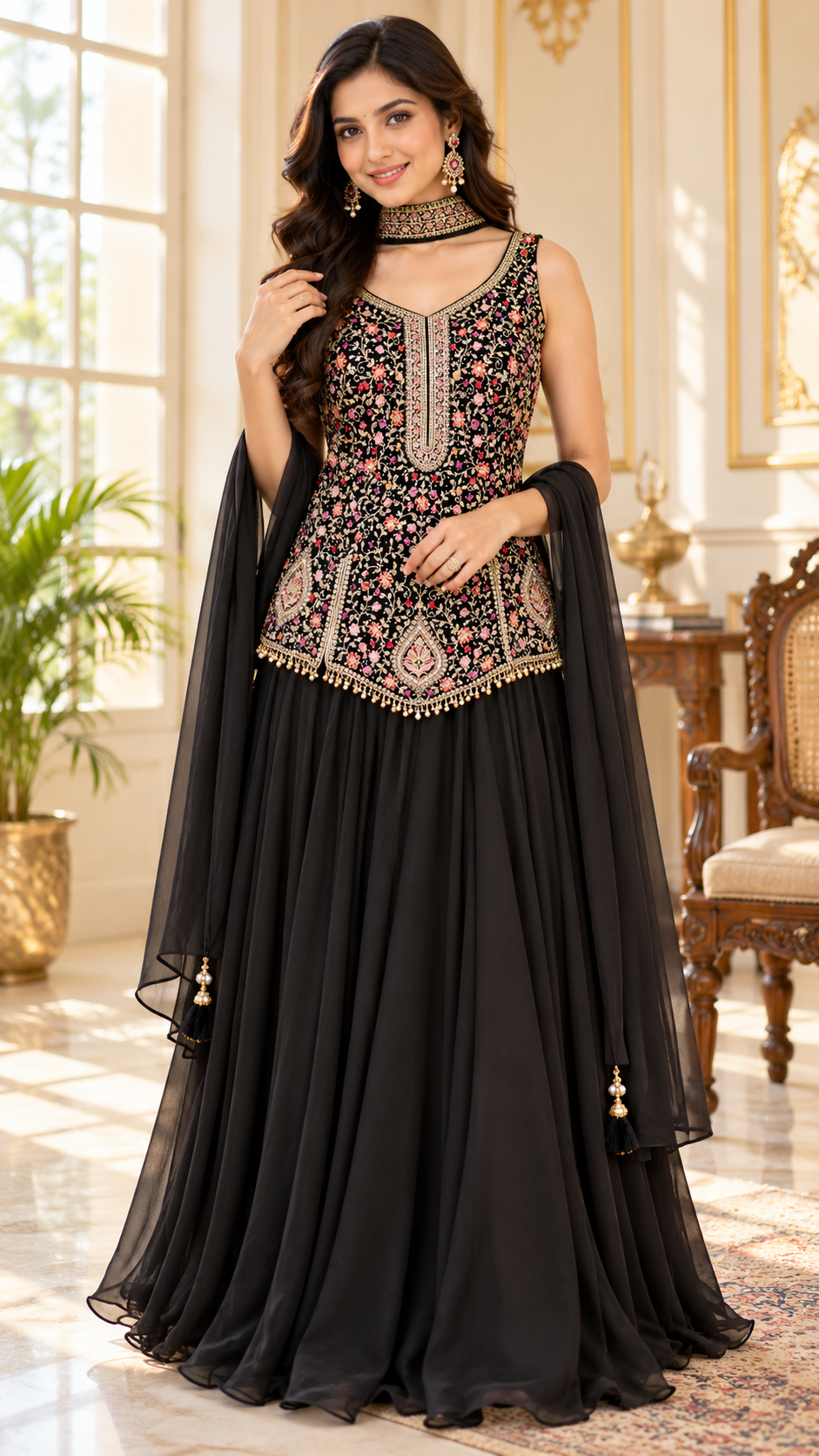 Women Black Embroidered Chinnon Crop Top And Sharara Set