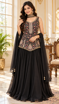 Women Black Embroidered Chinnon Crop Top And Sharara Set