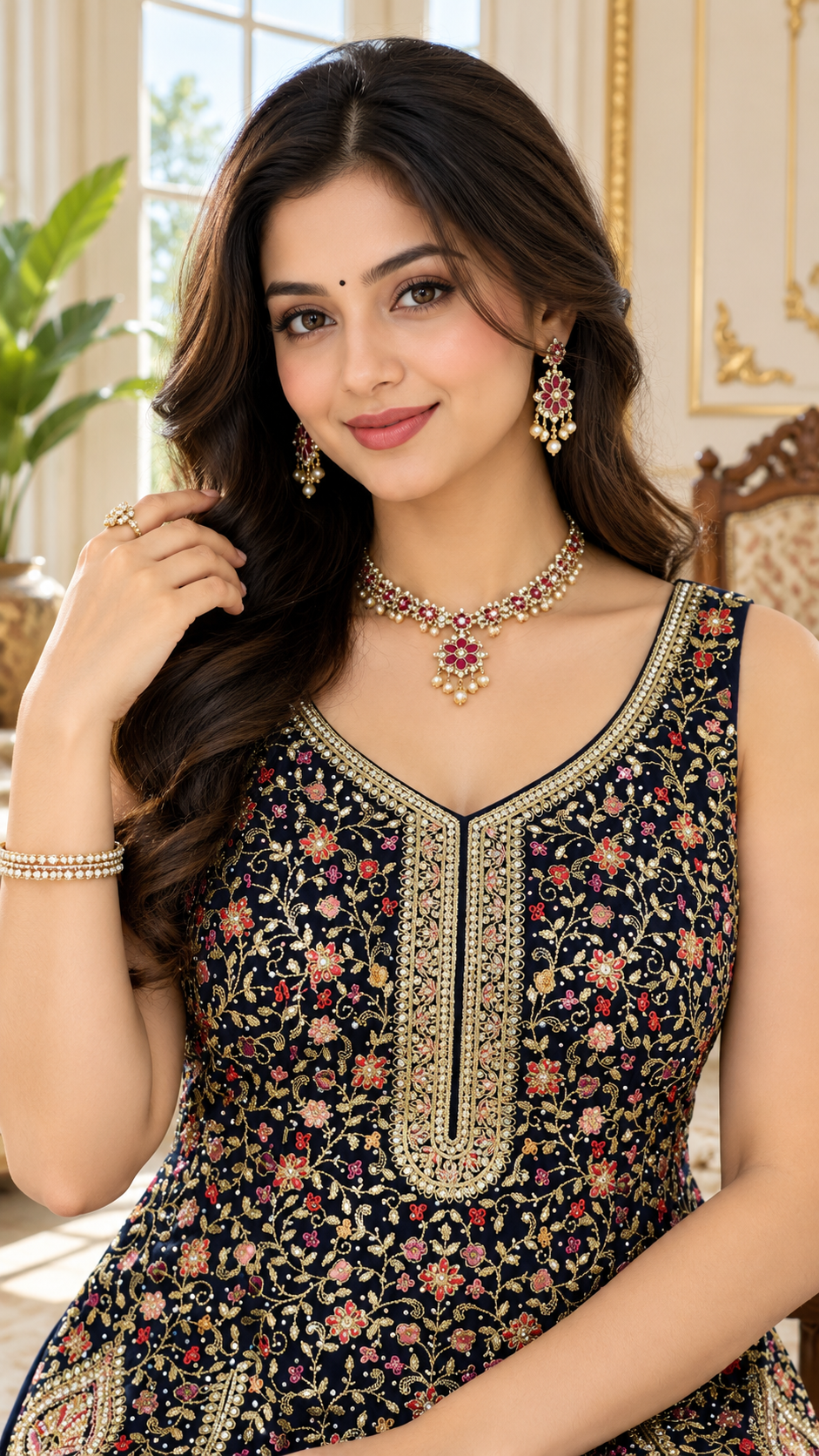 Women Black Embroidered Chinnon Crop Top And Sharara Set